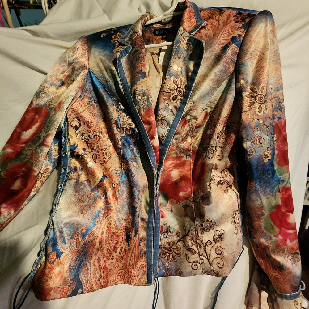 Boho Chic size 10 jacket blue peaches silky flare wispy with velvet braided side